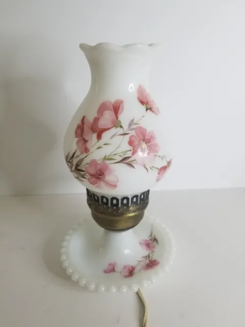 Floral Hand Painted Milk Glass Boudoir Bedside Lamp Pink Flowers, Tested