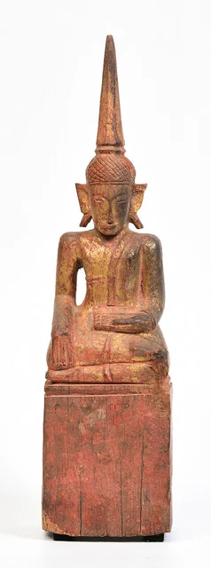 19th Century, Antique Laos Wooden Seated Buddha