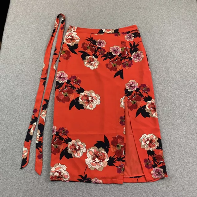 OASIS Pencil Skirt Womens 12 Midi Slit Red Floral Tie Belt Back Zip Ladies City