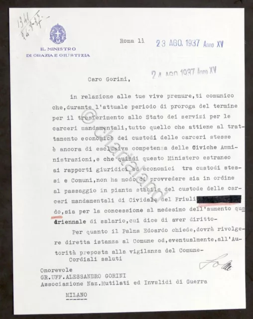 Lettera con autografo del ministro Arrigo Solmi - 1937