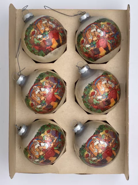 6 Vintage Noelle Mercury Glass Ornaments Santa & Toy Shop w/Elves Original Box