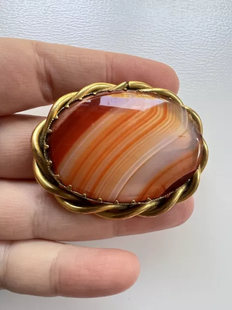 Antique Victorian Gold Pinchbeck Polished Red Orange Banded Agate Brooch Pin 2"