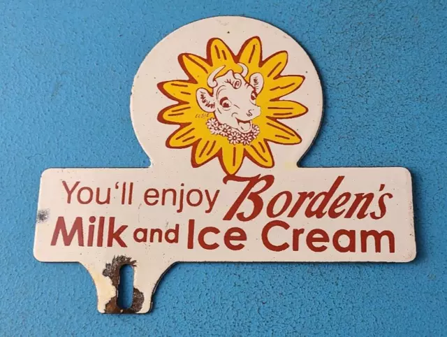 Vintage Bordens Dairy Porcelain Milk Ice Cream Gas Sign Ad License Plate Topper