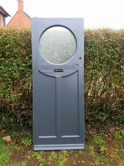 Unique 1930s front door round frosted glazed window 84” x 33 7/8” x 1 3/4”