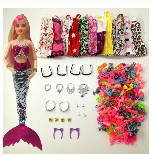 + Idea Regalo Abito Sirena 33 Pz Accessori Vestiti Bambole Scarpe Collane