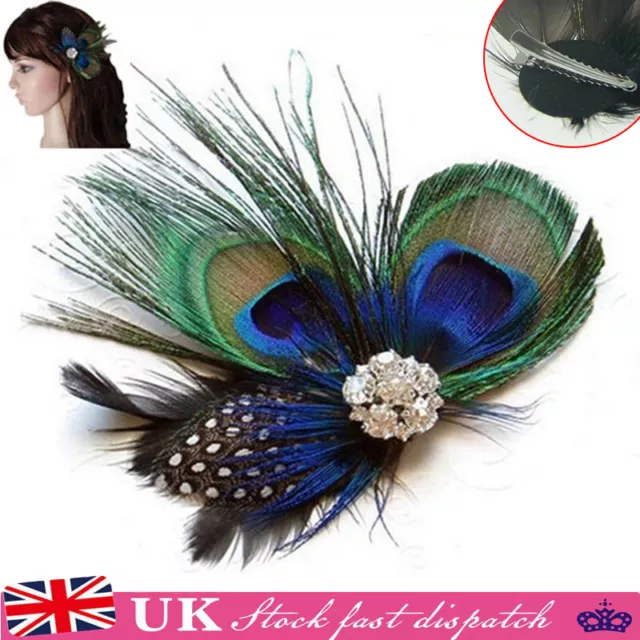 Women's Wedding Vintage Headpiece Peacock Feather Fascinator Hair Clip Party UK