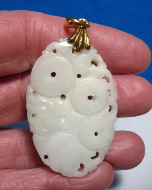 18K YELLOW GOLD Carved Jade Pendant White Green 16.9 Grams 1 X 1 3/4 ...
