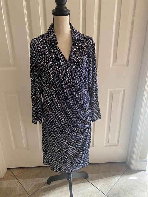 Samantha Brown Dress L Navy White Print Faux Wrap Shirt Style Long Sleeve