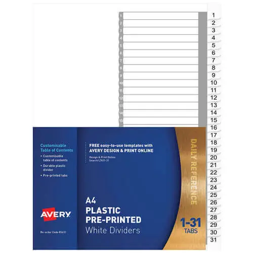 1-31 TAB Avery Plastic Pre Printed Dividers A4 White Polypropylene Long Lasting