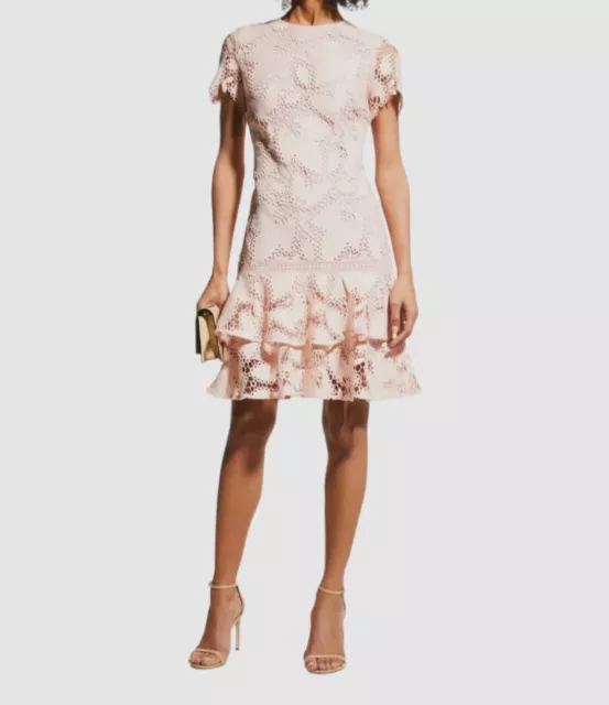 $429 Shoshanna Women's Pink Laced Fluttered Sleeve Lara Mini Dress Size 8