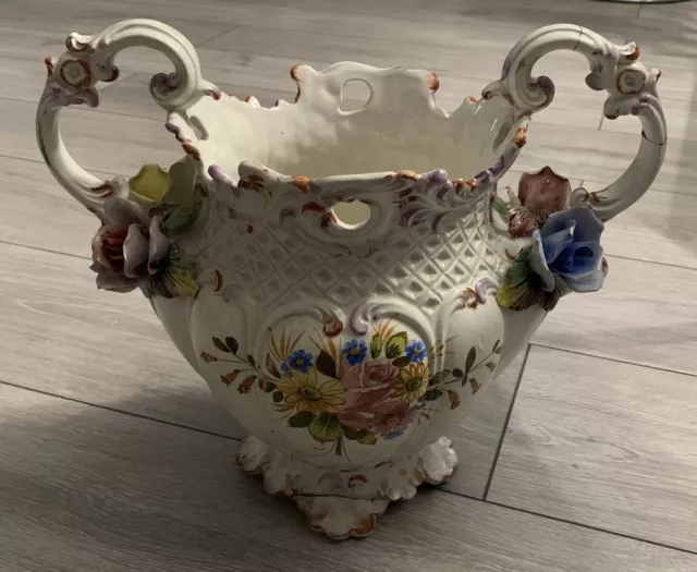 ✨Rare vase ancien céramique barbotine Italie Bassano Val del Brenta - fleurs✨