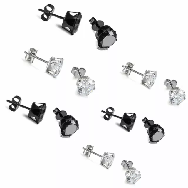 6 Pairs Stainless Steel Round CZ Cubic Zircon Ear Stud Earring Women Men 6mm-8mm