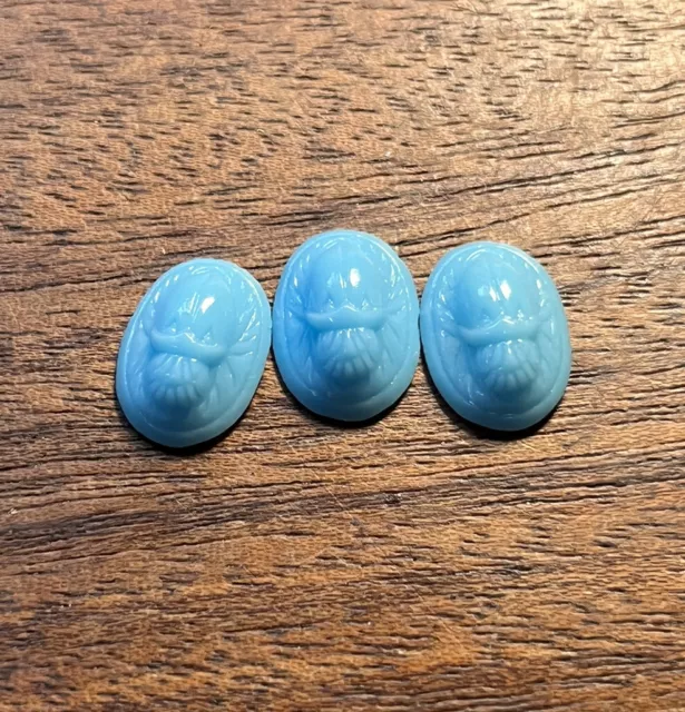 3 Vintage Japanese Occupation Turquoise Art Glass Scarab Cabs 1940s Cherry Brand