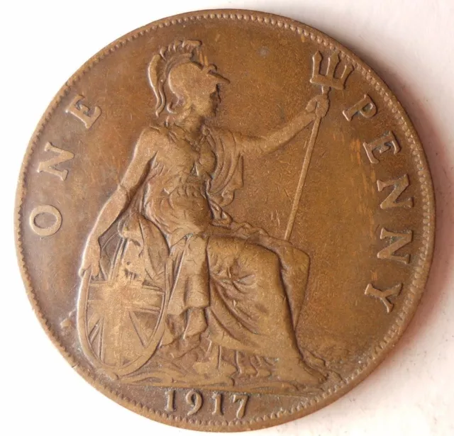 1917 GREAT BRITAIN PENNY - Excellent Vintage Coin - Britain Bin #5