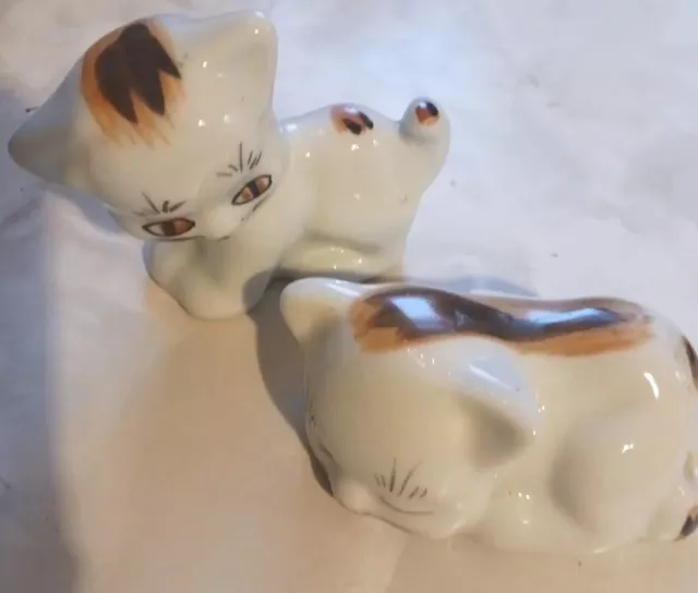 2 Vtg 3" Ceramic Cat Figurines - Brown & Gold stripes  Sleeping Cat & standing