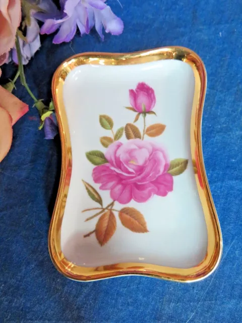 VINTAGE Limoges FRANCE porcelain DISH trinket TRAY nut dish PINK ROSE 24K gold