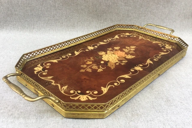 Antique french wood marquetry and brass tray early 1900's Napoleon III