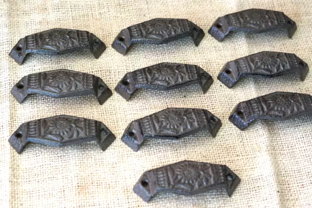 10 Drawer Pulls Knobs Handles Cast Iron Bin Cupboard Dresser Fancy Vintage Style