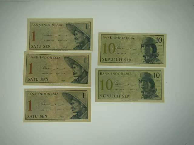 1964 (3) 1 Satu Sen & (2) 10 Sepuluh Sen Indonesia Uncirculated Banknotes