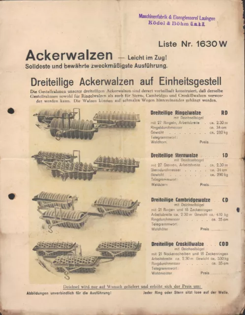 LAUINGEN, Prospekt Liste Nr. 1630, Acker-Walzen Maschinen-Fabrik Ködel & Böhm