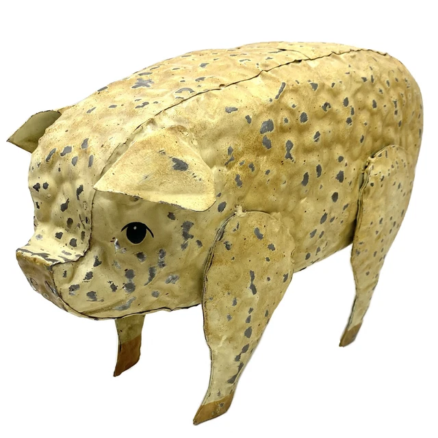 Vintage Tin PIG Figurine Folk Art Farmhouse Decor Aluminum Weathered