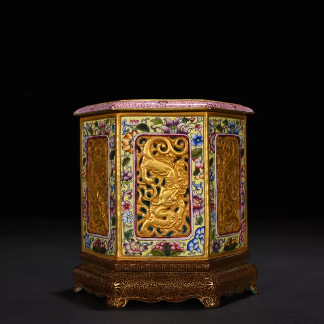 5"Old dynasty Porcelain qianlong mark colour enamels Dragon six square Brush Pot
