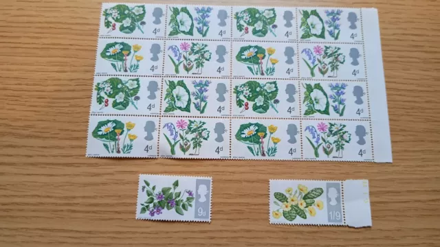 GB 1967 Full set British Wild Flowers SG717-722 Block of 16, 3, & 2 Margins MNH