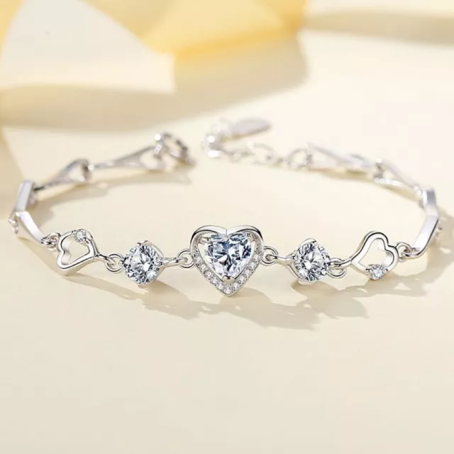 925 Sterling Silver Love Heart Crystal Stone Charm Bracelet Women Jewellery UK