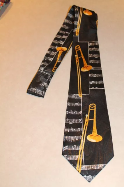 Lots Of Brassy Trombone's On A Brand New Black 100% Polyester Neck Tie !Free Shi