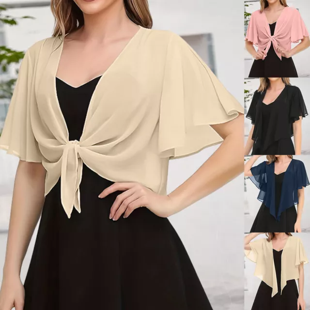 Women's Tie-Front Jacket Short Sleeve Chiffon Cardigan Summer Shrug Cover Up Top