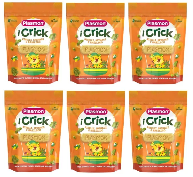 6x PLASMON i Crick,Babynahrung,Snacks mit Erbsen, Spinat, Basilikum 100g