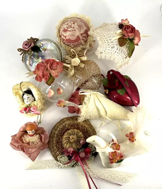 Victorian Pink Roses Lace Ornament LOT Kurt adler Louis Nichole shabby chic