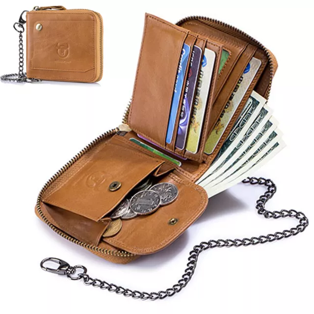 Mens Genuine Leather Wallet Biker Trucker Chain Wallets RFID Credit Card Pockets