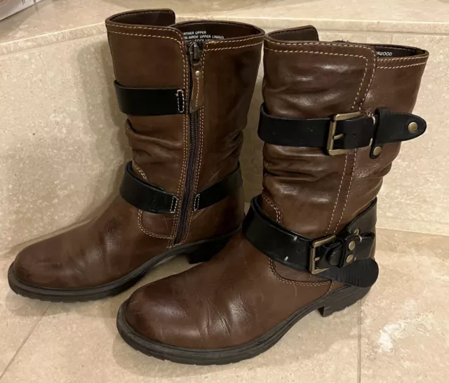 Earth Everwood Women’s Super Soft Leather Moto Boots Bark Color Sz 7 B