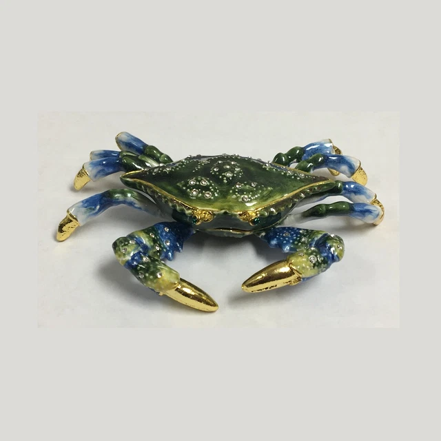Blue Crab Bejeweled Enamel Jewelry Trinket Keepsake Box Coastal Sea Life New