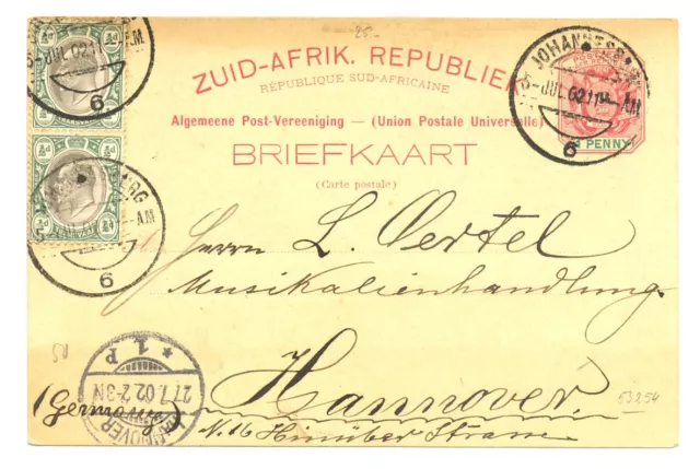 South Africa-- Transvaal--Zar--1902 Uprated Ps Card To Germany ---F/Vf