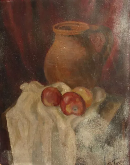 Antique signed oil painting apples & jug still life