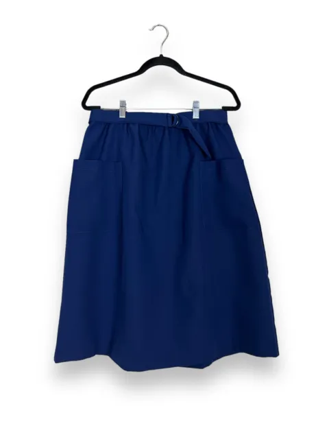 Vintage 1980s Knee-Length Skirt | Navy Blue Elastic Waist A-Line Skirt LARGE