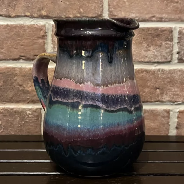 Susan DeMay Signed Studio Art Pottery Rainbow Multi Color Drip Glaze Pitcher