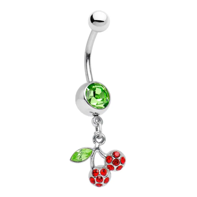 14ga Cherry Dangle Belly Ring 316L surgical steel with Green and Ruby CZ Gems