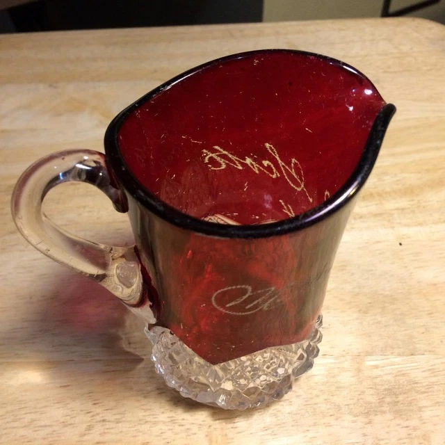 Antique Ruby Red EAPG Glass Souvenir Etched Mrs. W.E. Scott 1904 Creamer 4"T