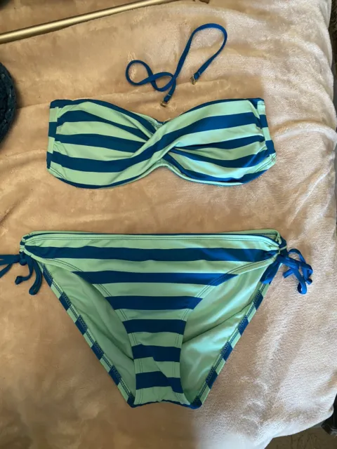 Women’s Mossimo teal striped strapless bikini (w/ strap) size Sm. top, Lg. botto