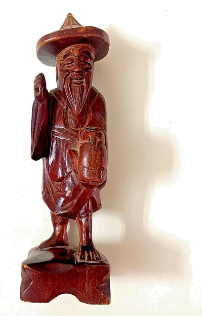 Antique Asian Chines Hand Carved Wooden Statue , Fisherman Figurine , Rare