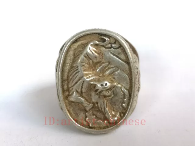 Ornament Collection Chinese Tibet Silver Handmade Tiger Dragon Phenix Ring gift