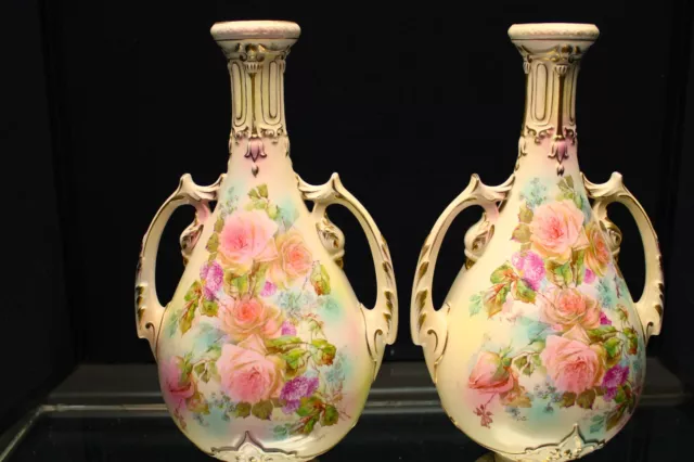 Matching Pair Antique Hand Painted Floral & Gold Vases {051}