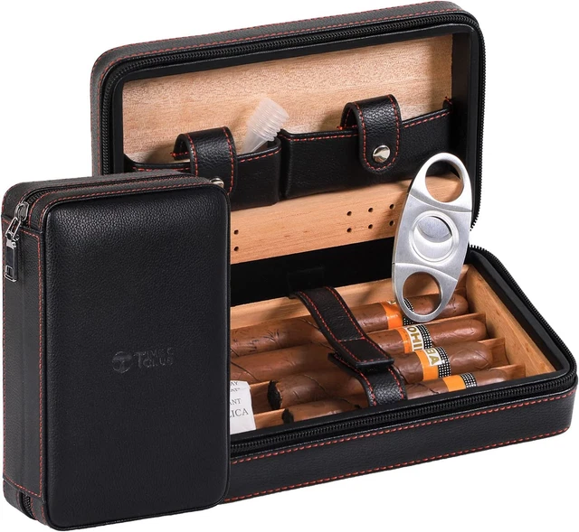 - Portasigari Portatile a 4 Dita, in Pelle, Con Tagliasigari E Umidificatore, Id