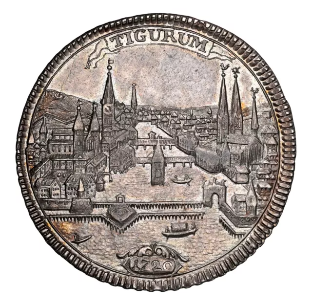 1720, Switzerland, Zurich. Scarce Silver "City-View" 1/2 Thaler Coin. NGC AU-58!