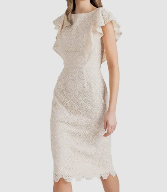 $440 Shoshanna Women's Ivory Flutter-Sleeve Lace Midi Body-Con Dress Size 4