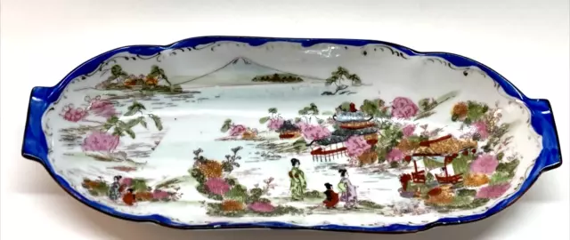 Japanese Geisha Ware Hand Painted Long Tray Japan Cobalt Blue Gilt Vintage