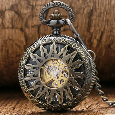 Luxury Hollow Bronze Case Sun Flower Skeleton Mechanical Pocket Watch FOB Chain